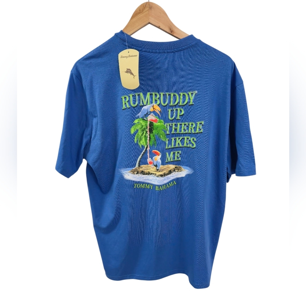 NWT Tommy Bahama Graphic Rumbuddy  Up There Likes Me Tshirt Blue Size Medium